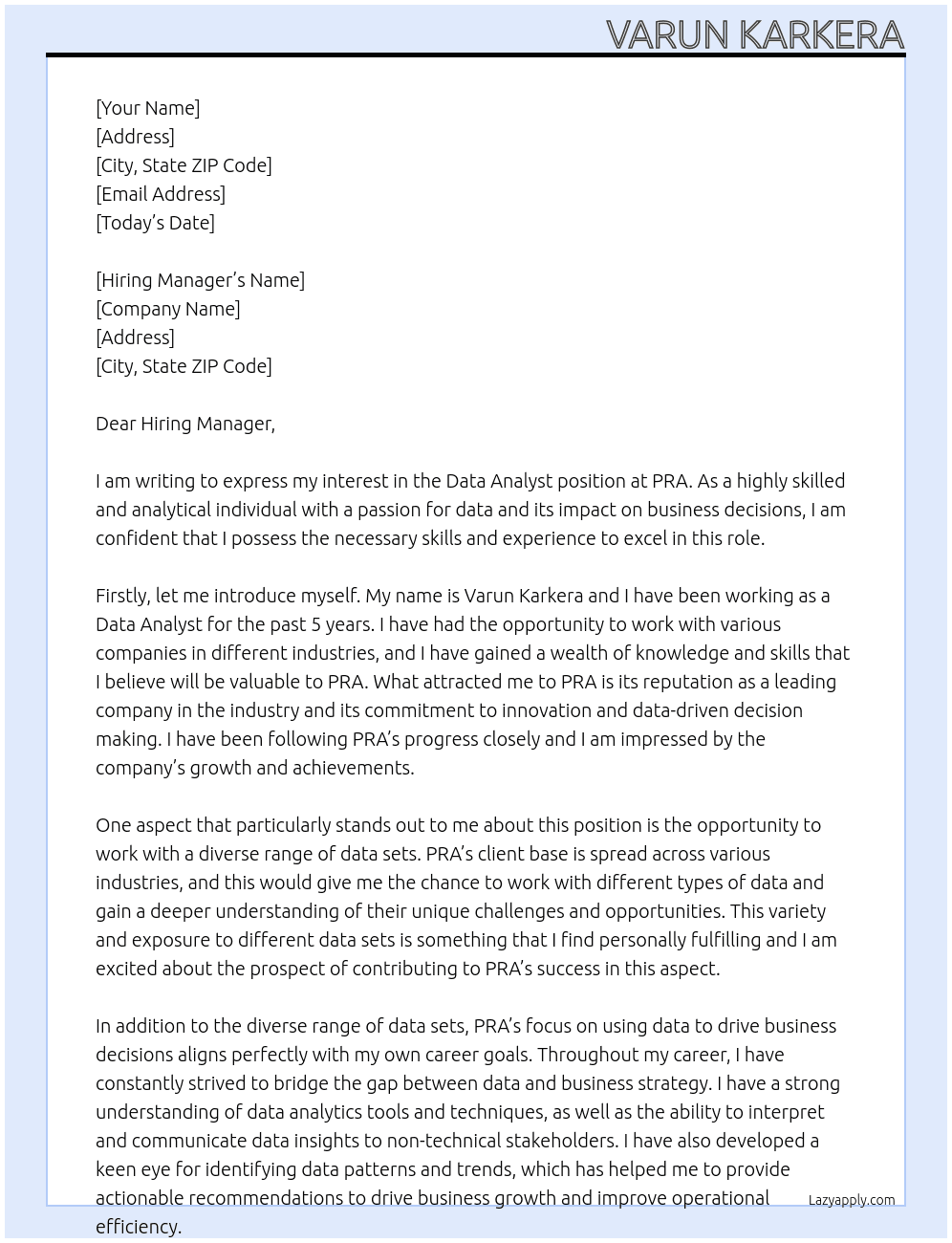 Data Analyst At PRA  Cover Letter