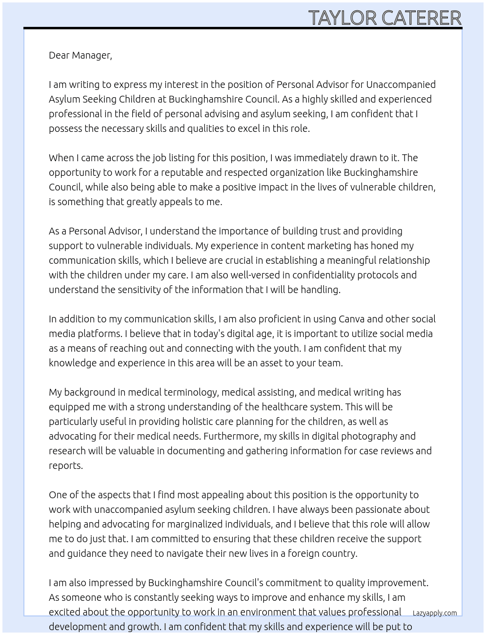 Personal Advisor - Unaccompanied Asylum Seeking Children At Buckinghamshire Council Cover Letter