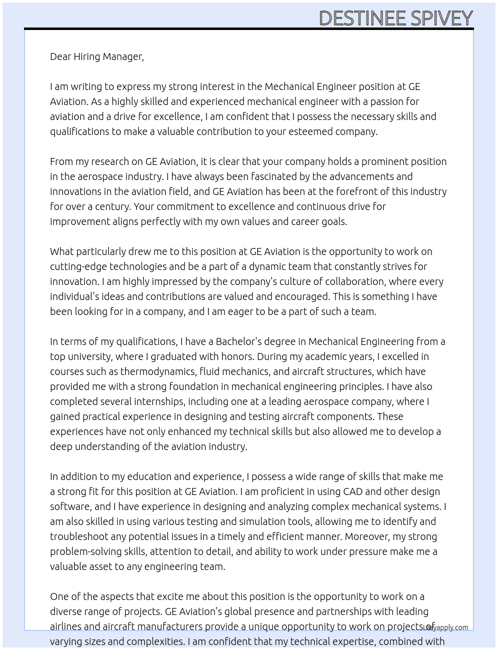 Mechanical Engineer At GE Aviation Cover Letter