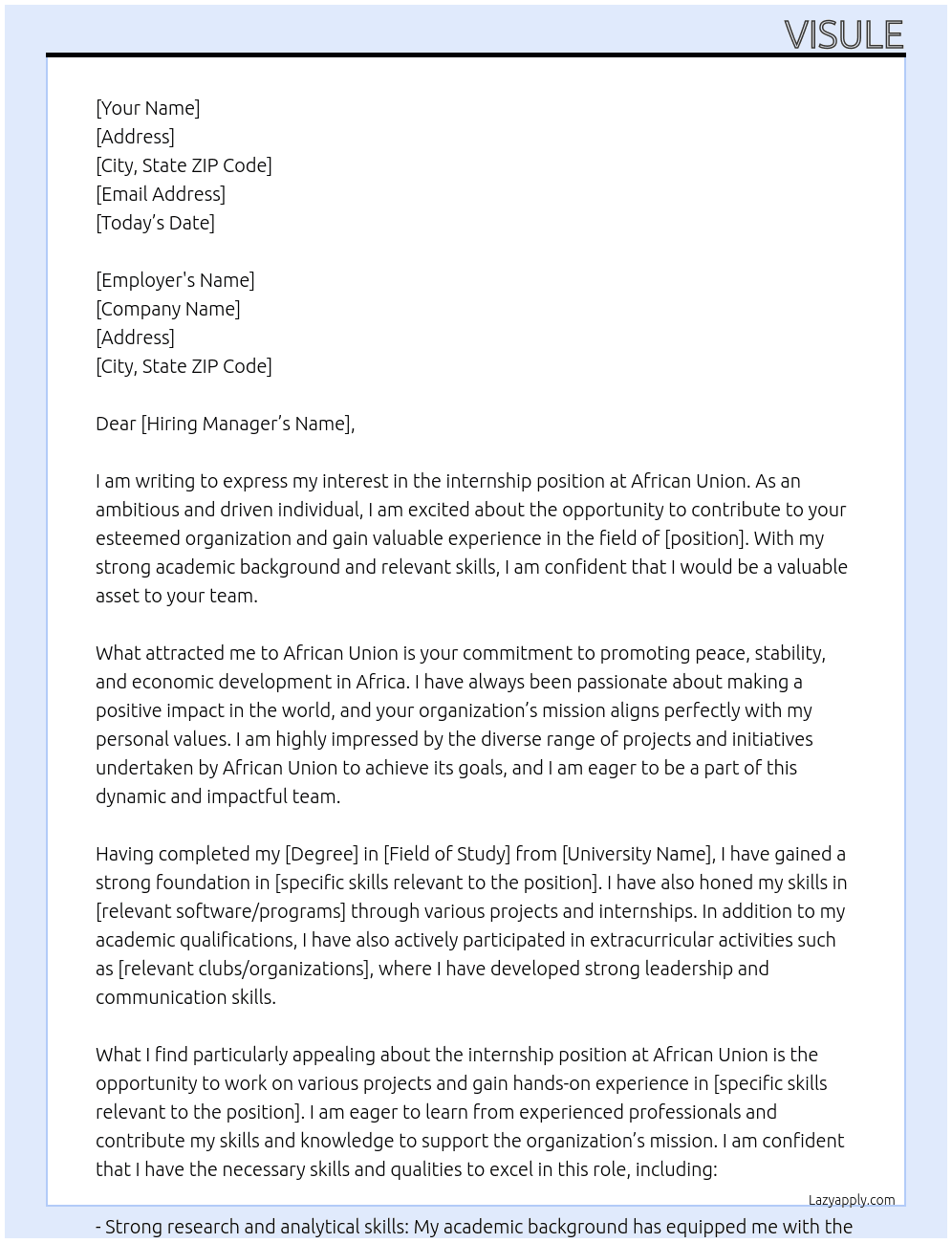 Internship At African union  Cover Letter