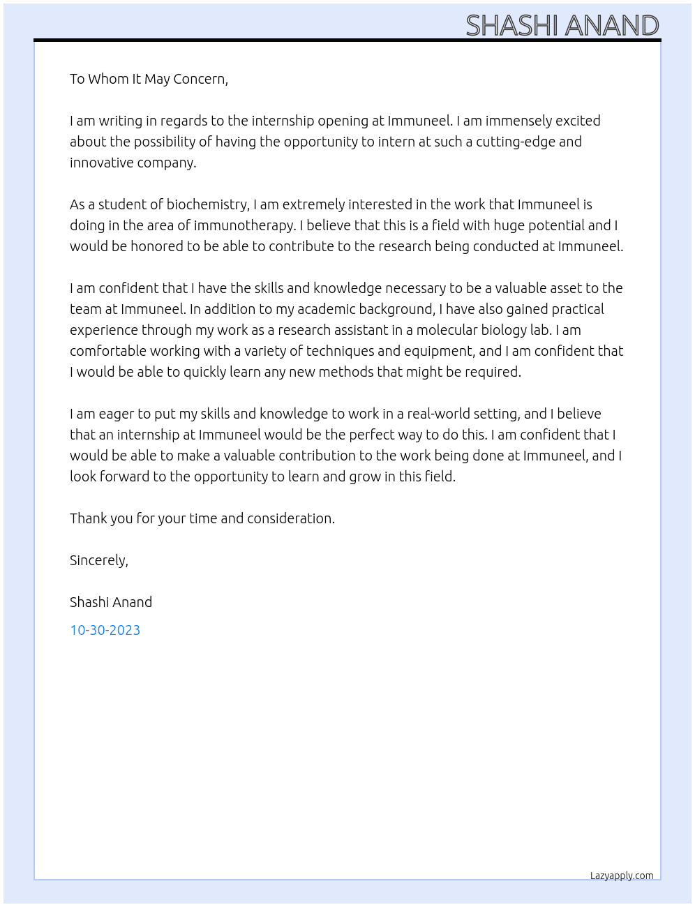 Internship  At Immuneel Cover Letter