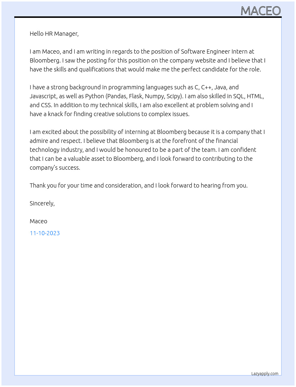 Software Engineer Intern At Bloomberg Cover Letter