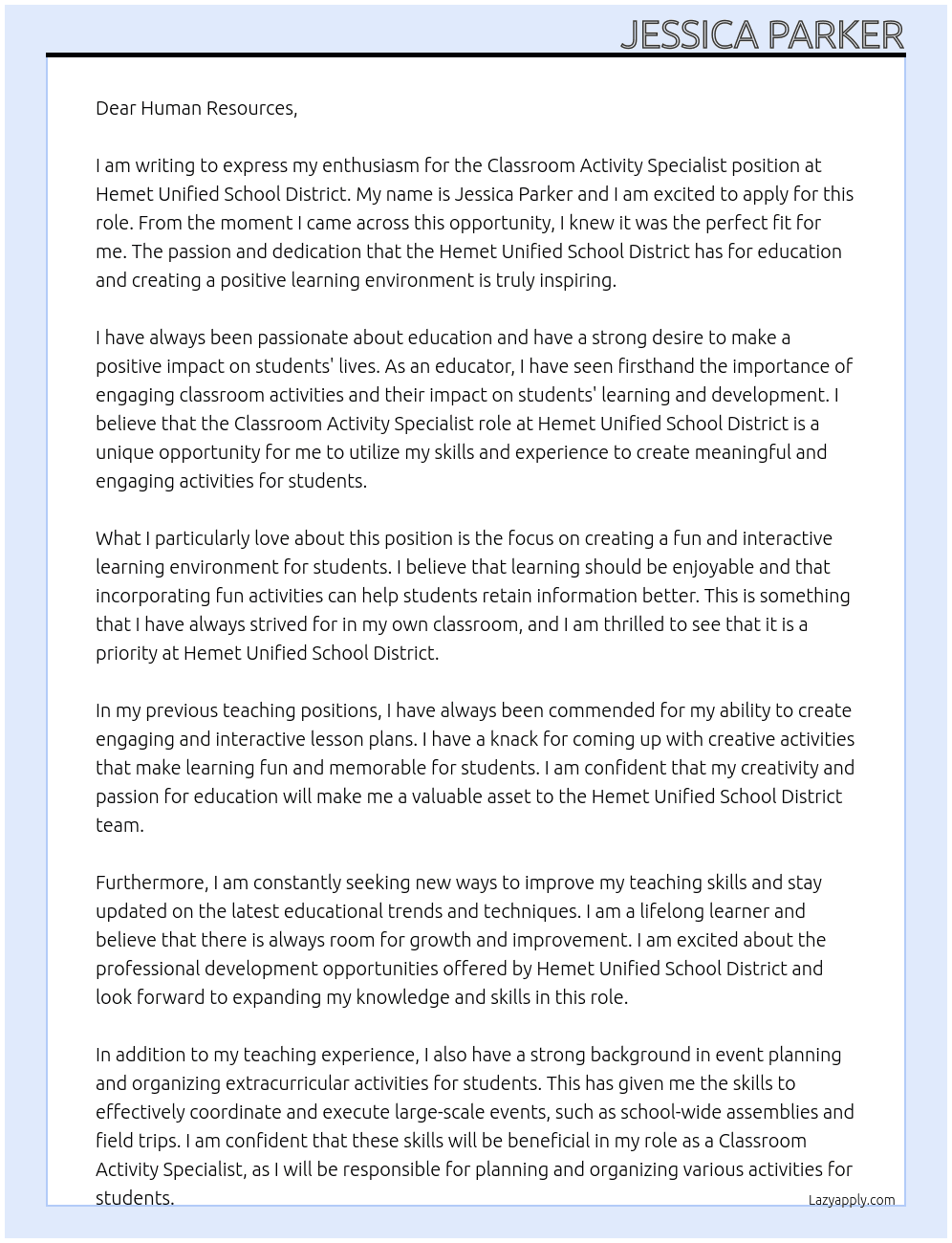 Classroom Activity Specialist At Hemet Unified School District Cover Letter