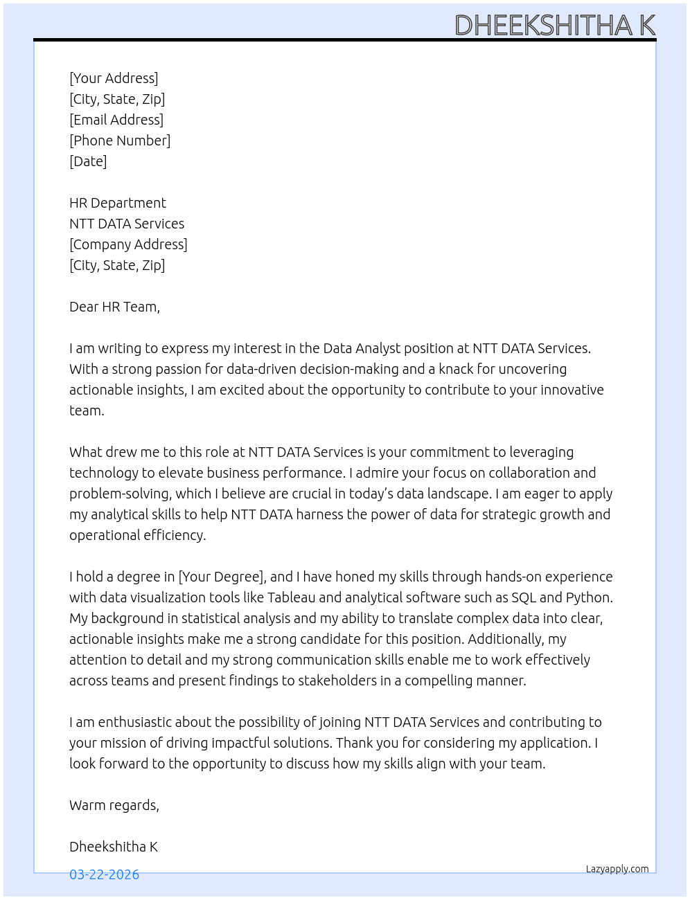 Data Analyst At NTT DATA Services Cover Letter