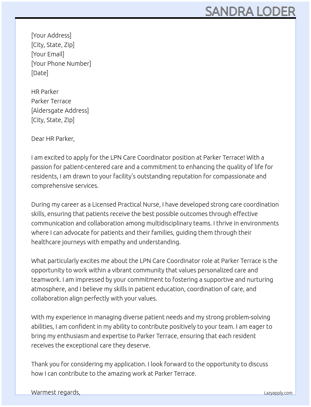 LPN care coordintor At Parker Terrace Cover Letter