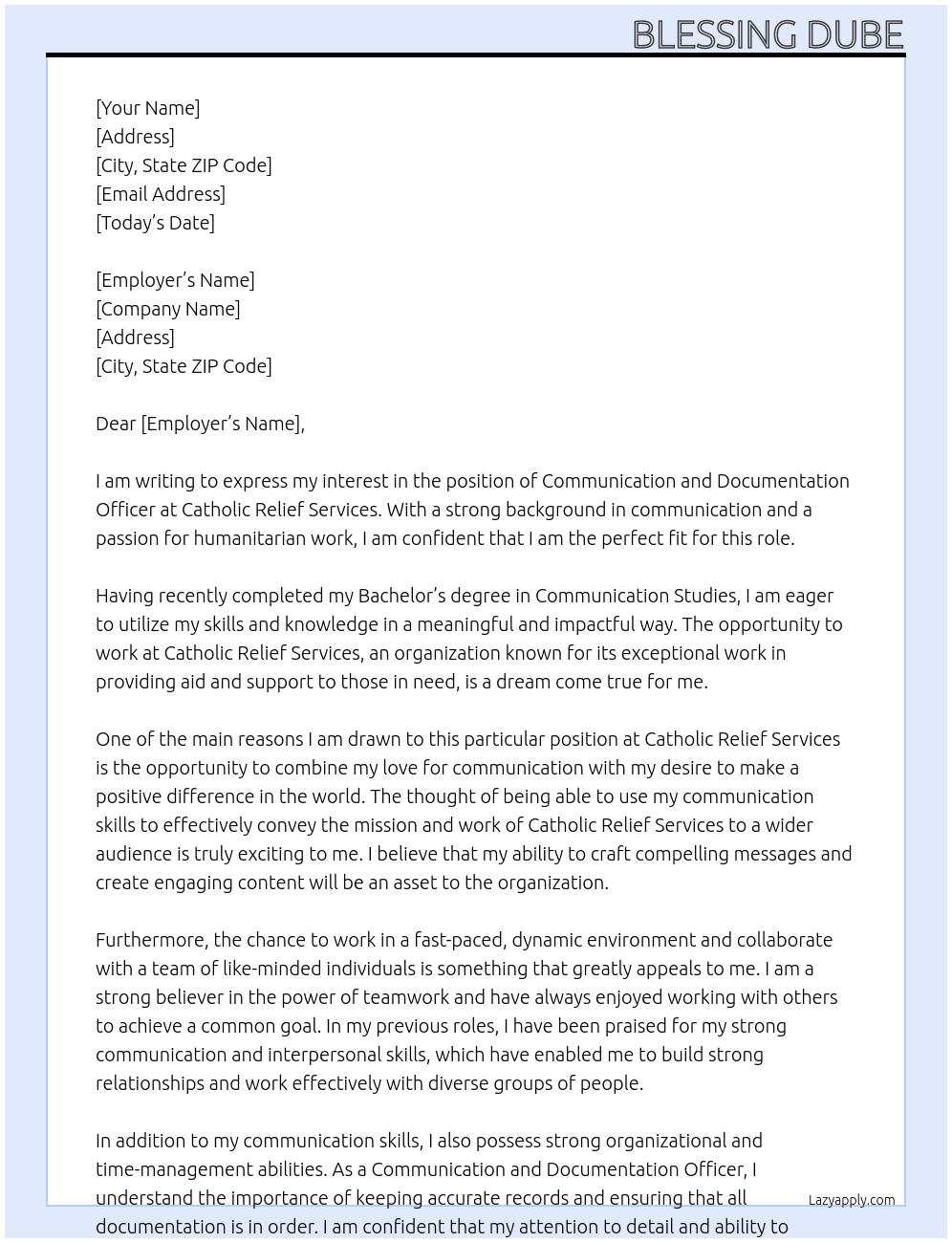 Communication and Documentation officer At Catholic Relief Services Cover Letter
