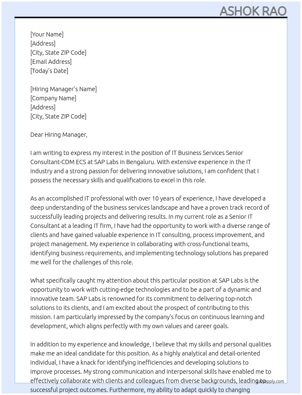 IT Business Services Senior Consultant-CDM ECS At SAP Labs Cover Letter