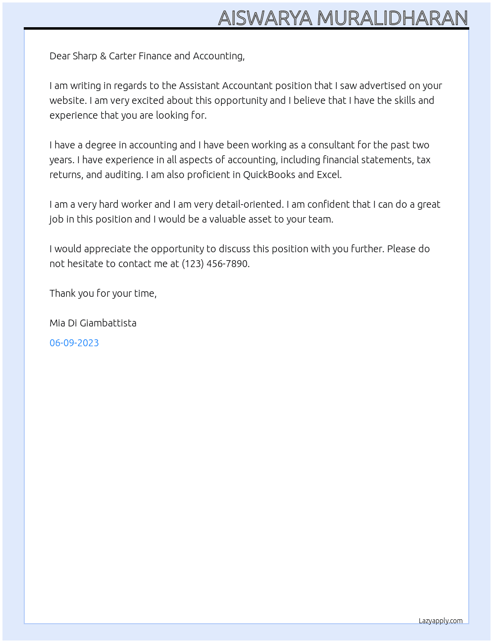 Assistant Accountant At Sharp & Carter Finance and Accounting Cover Letter