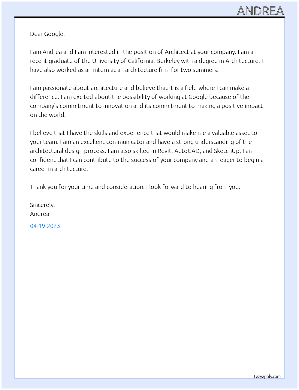 Architect At Google Cover Letter
