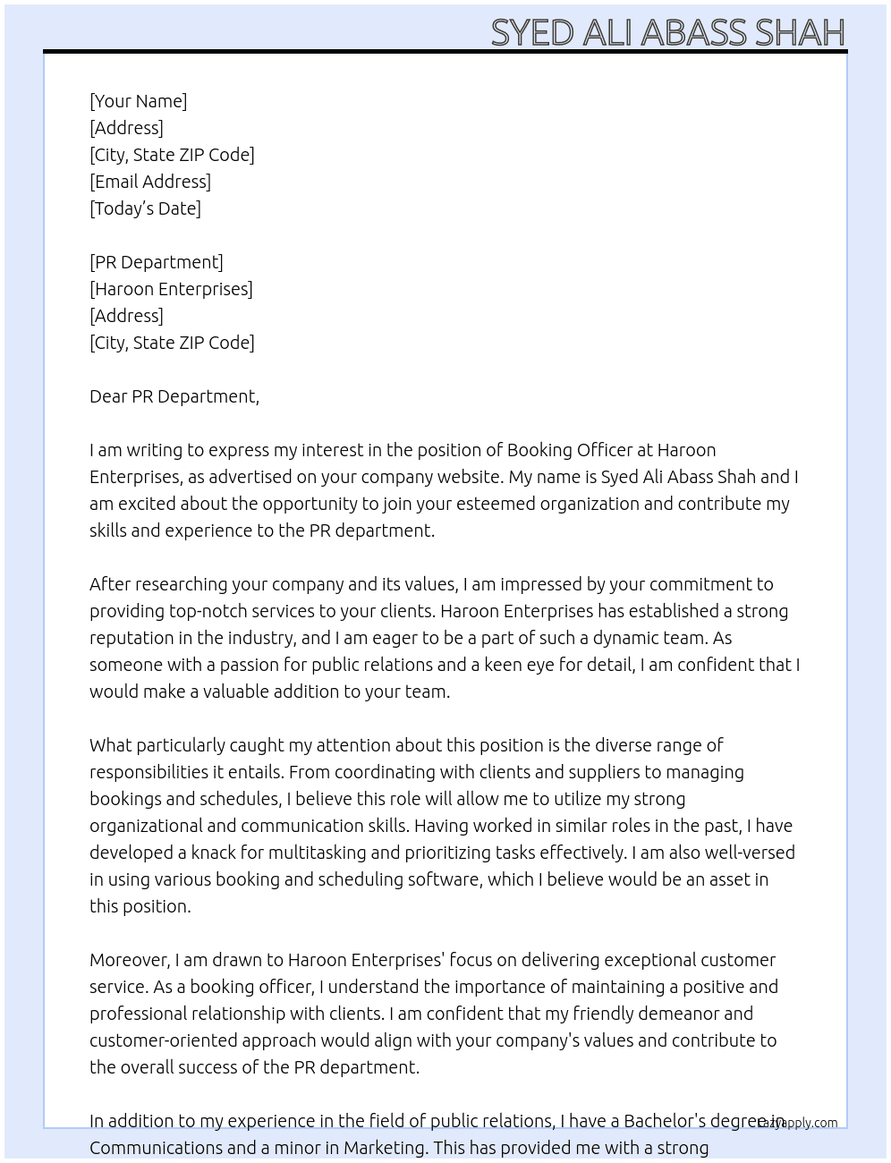Booking Officer At Haroon Interprises Cover Letter