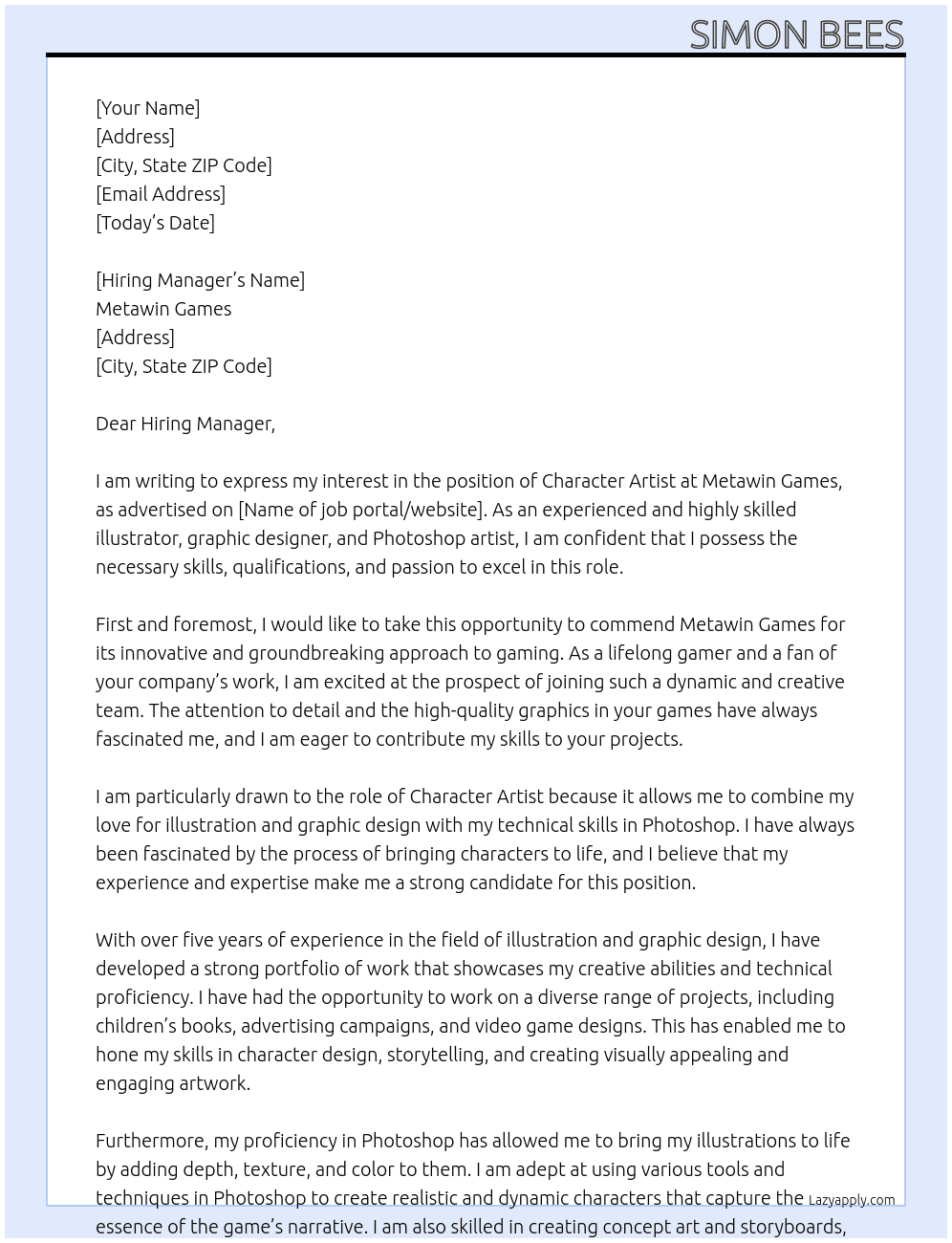 Character artist At Metawin games Cover Letter