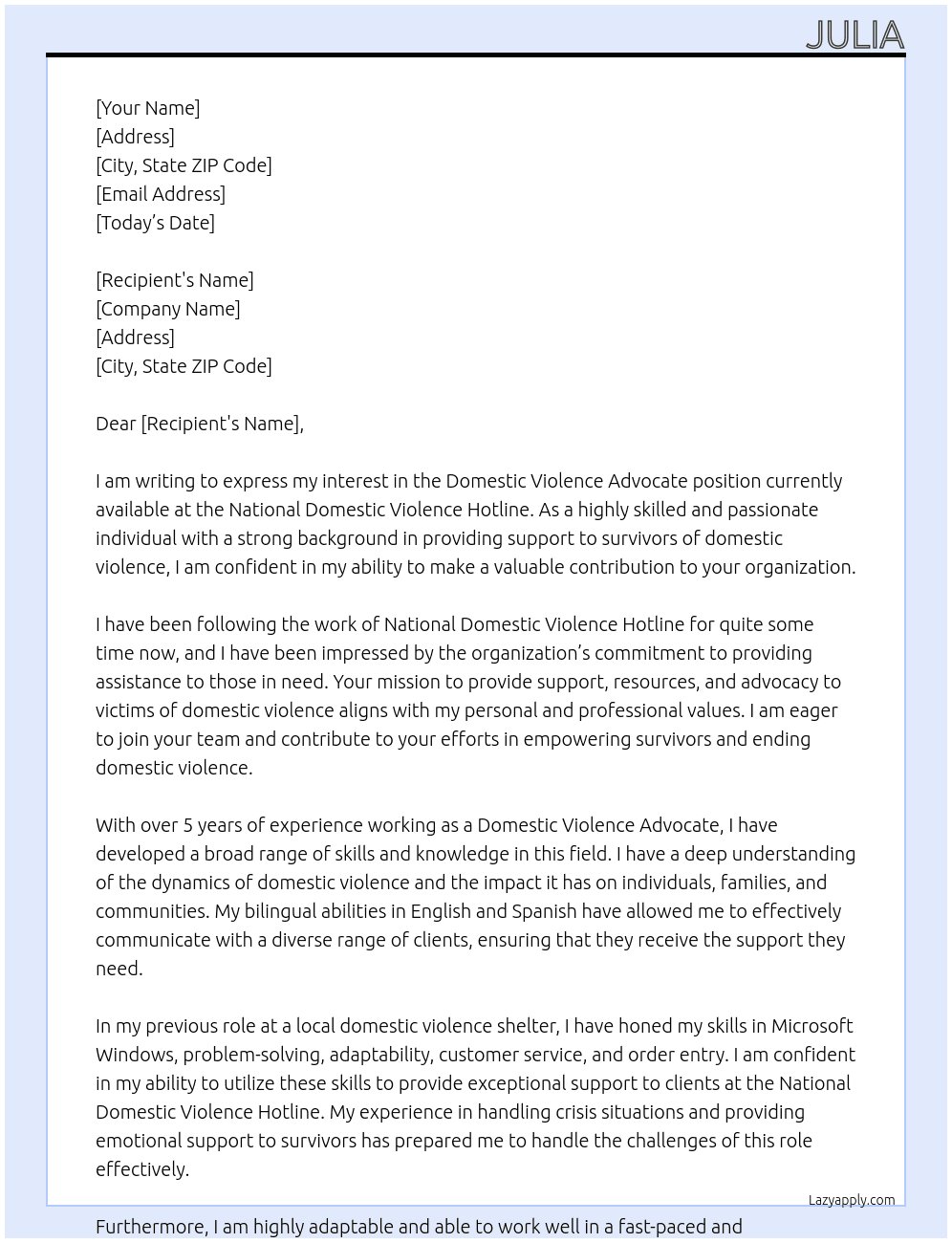 domestic violence advocate  At national domestic violence hotline  Cover Letter