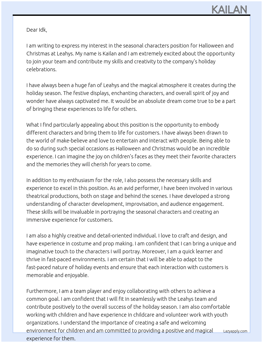 Seasonal characters for Halloween and Christmas At Leahys Cover Letter