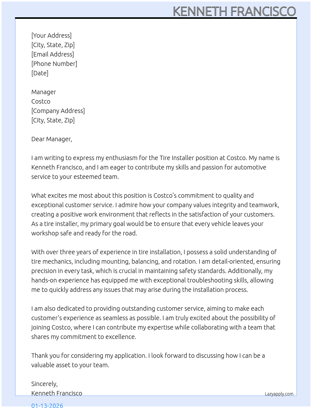 Tire Installer At Costco Cover Letter