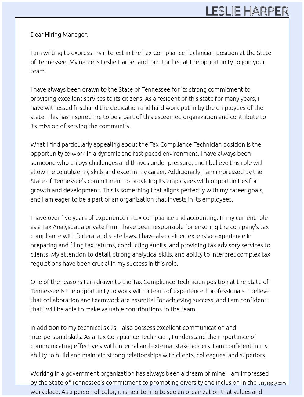 TAX COMPLIANCE TECHNICIAN  At State of Tennessee Cover Letter