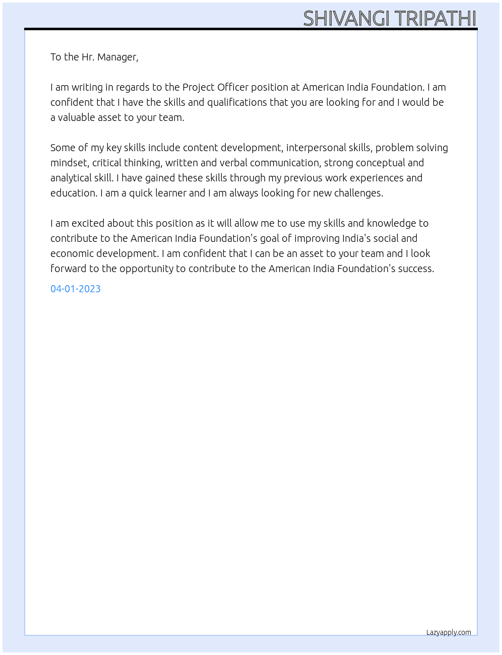 Project Officer At American India F oundation Cover Letter