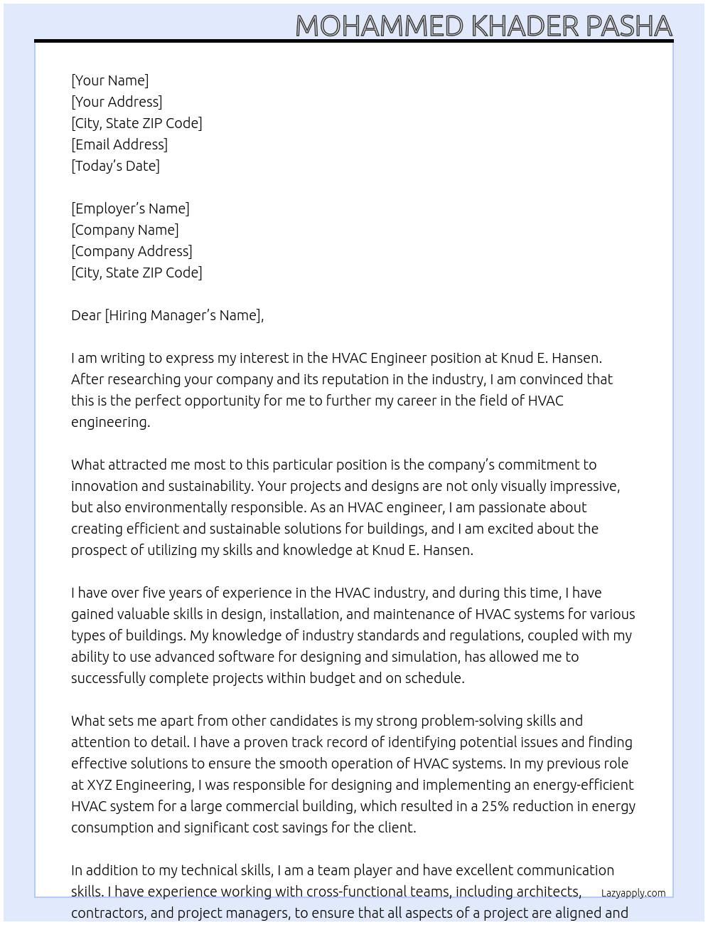HVAC enginer At Knud E. Hansen Cover Letter