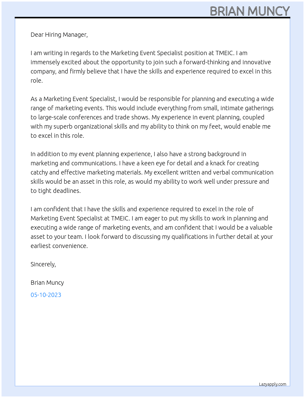 Marketing Event Specialist At TMEIC Cover Letter