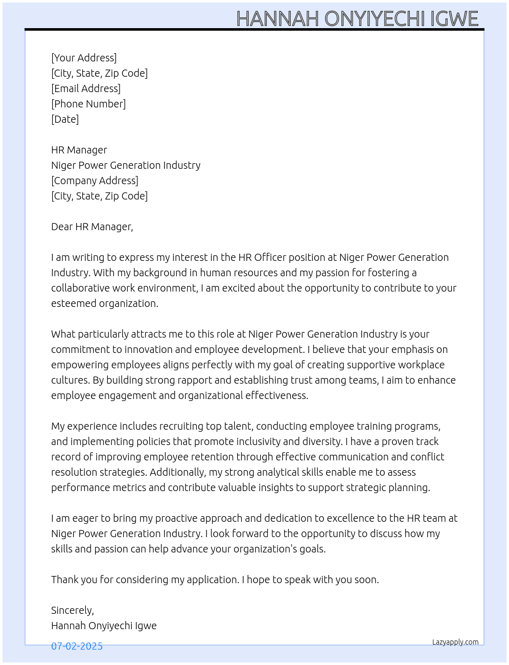 HR Officer  At Niger Power Generation Industry  Cover Letter