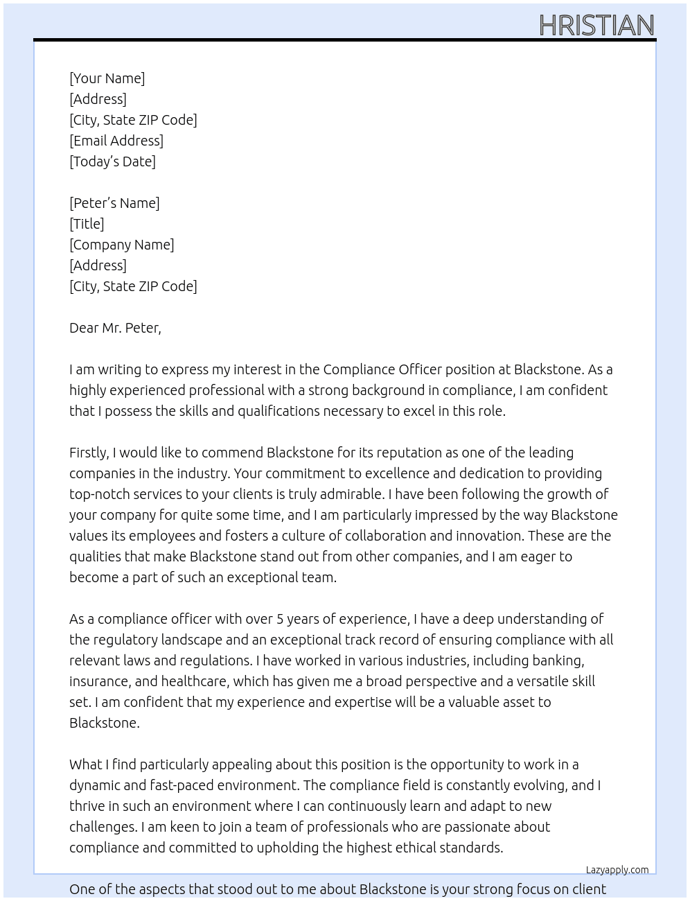 Compliance officer At Blackstone Cover Letter