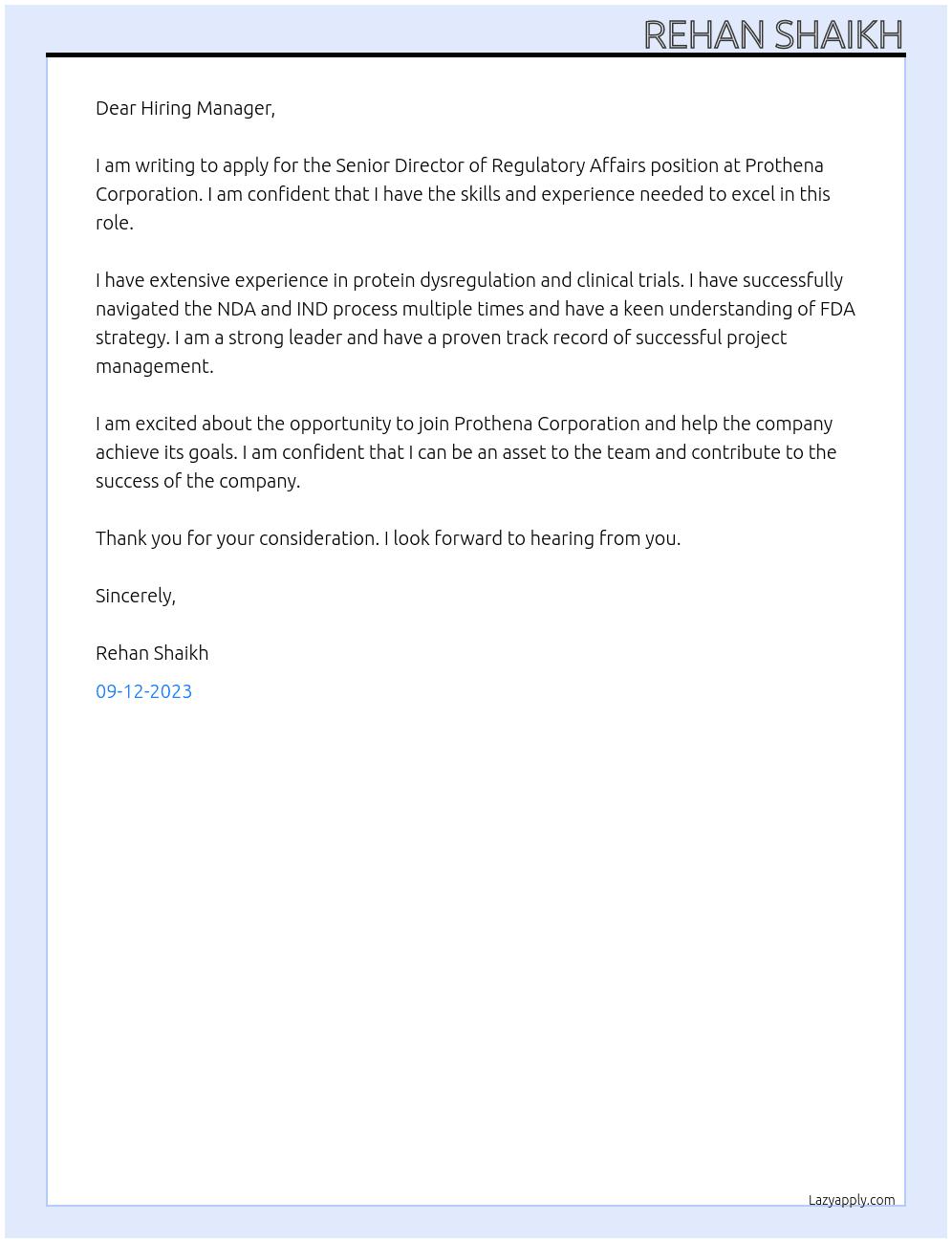 Senior Director of Regulatory affairs At Prothena Corporation Cover Letter