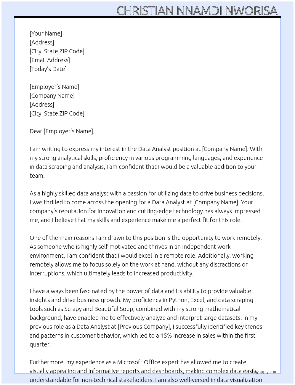 data analyst At Data analyst  Cover Letter