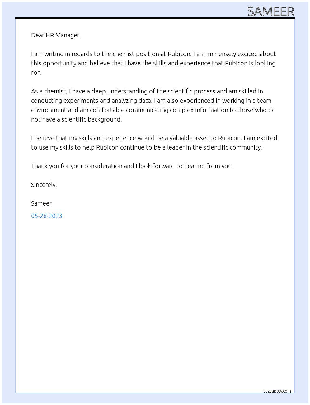 chemist At Rubicon Cover Letter
