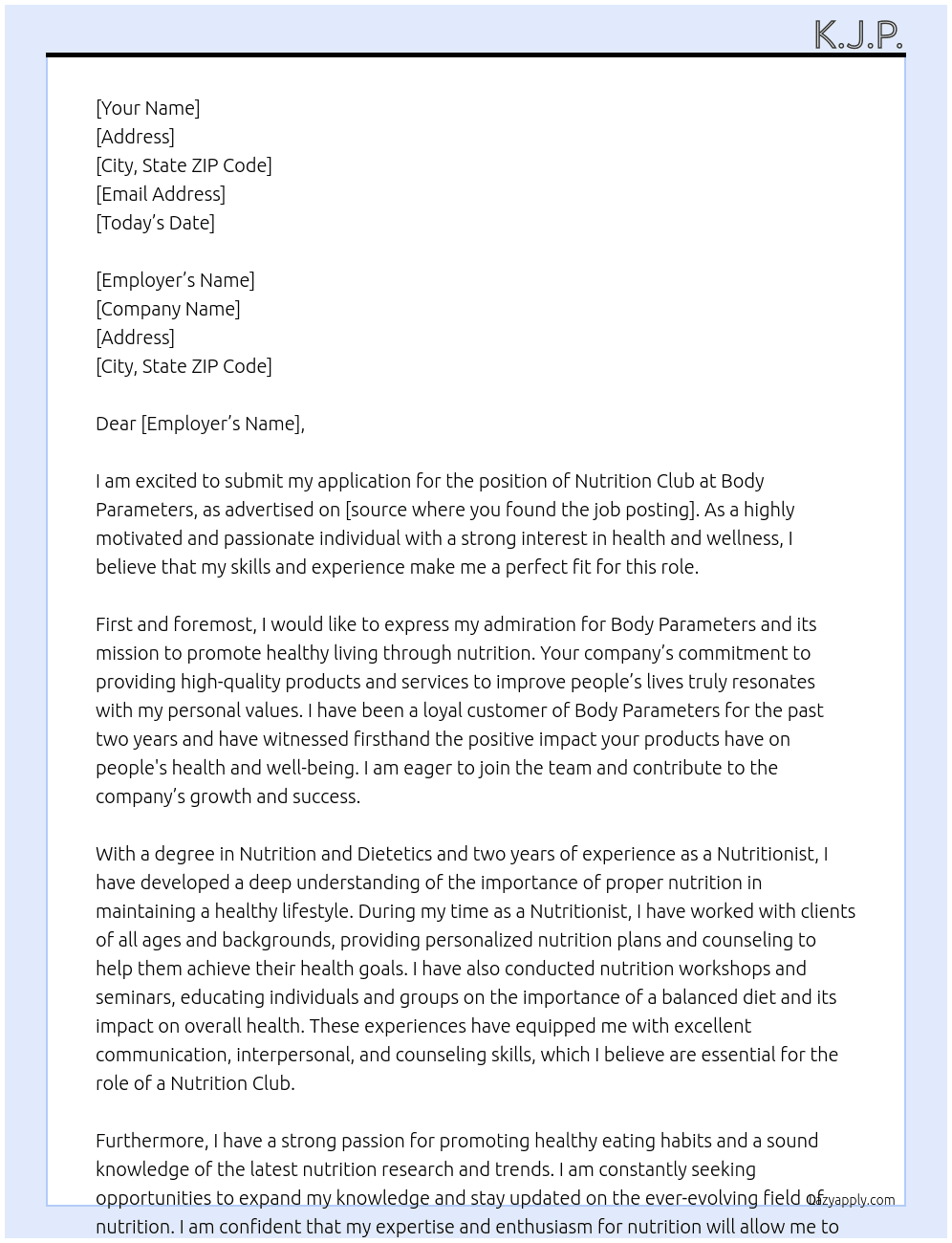 Nutrition Club  At Body Parameters  Cover Letter