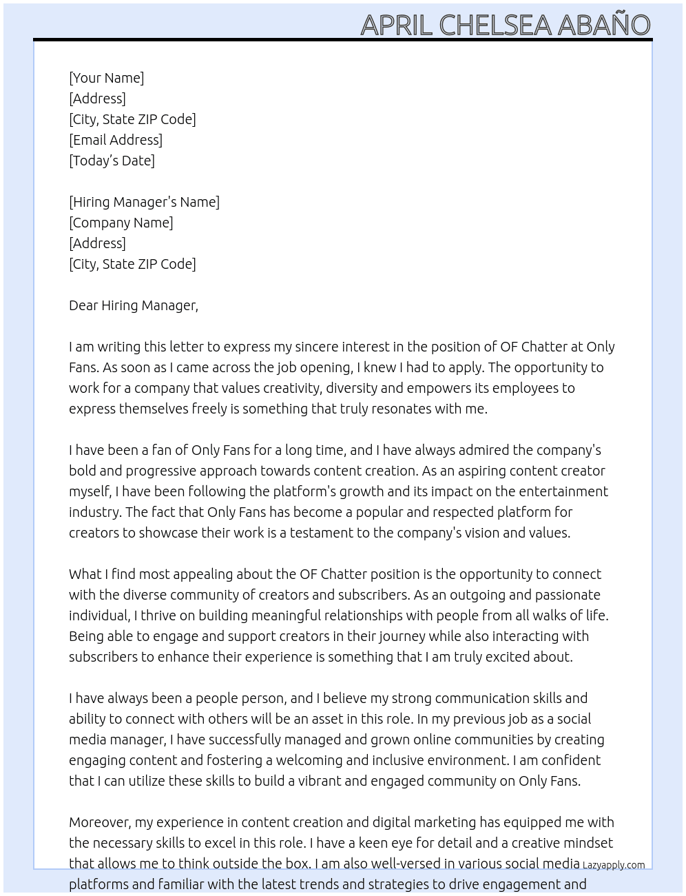 OF Chatter At Only Fans Cover Letter