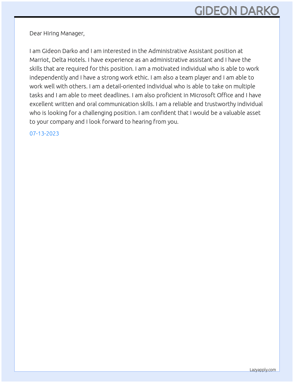 Administrative Assistant At Marriot, Delta Hotels Cover Letter