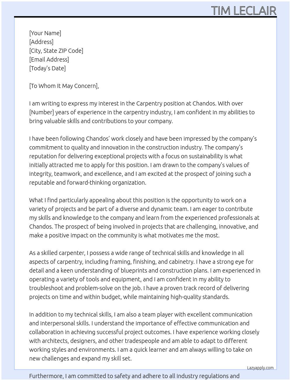 Carpentry  At Chandos Cover Letter