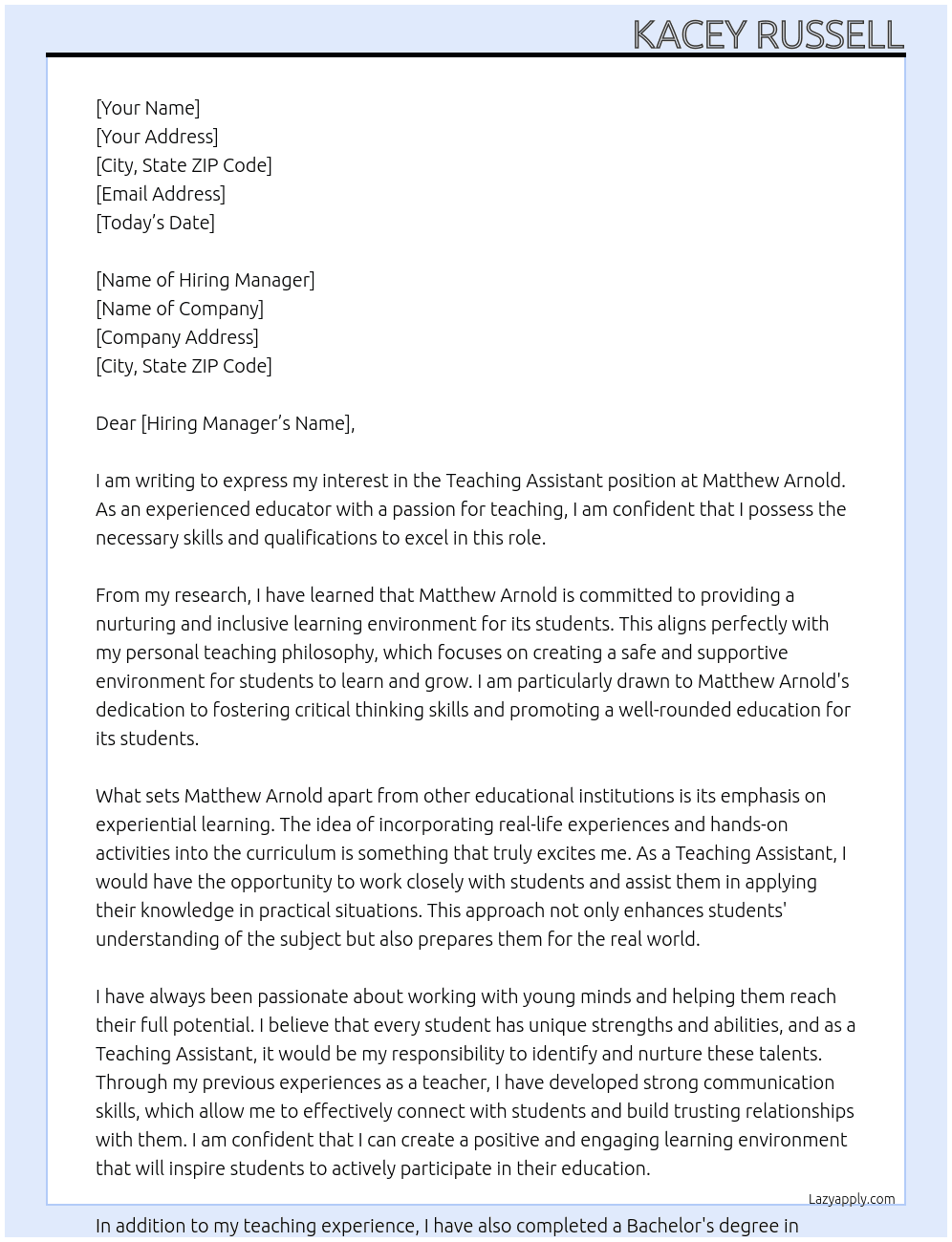 Teaching Assistant At Matthew Arnold Cover Letter