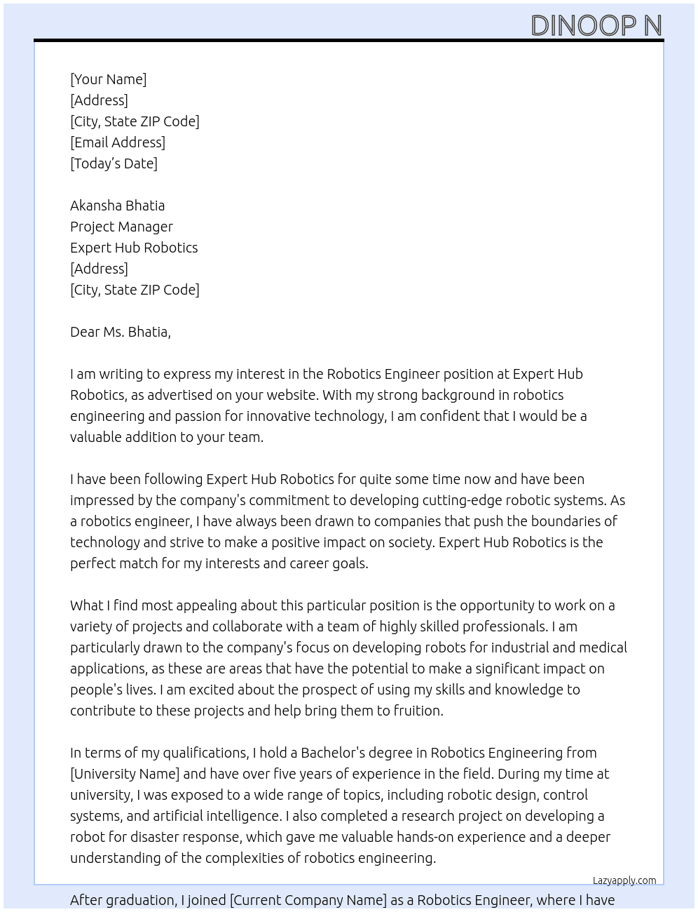 Robotics engineer At Expert Hub Robotics, https://experthubrobotics.com Cover Letter