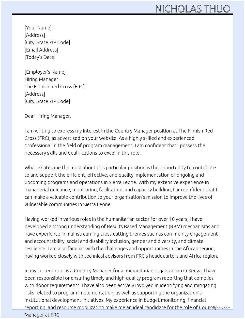 Country Manager At The Finnish Red Cross (FRC) Cover Letter