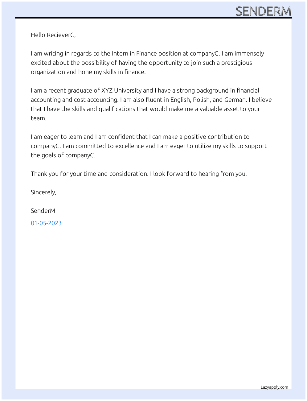 Intern in Finance At companyC Cover Letter