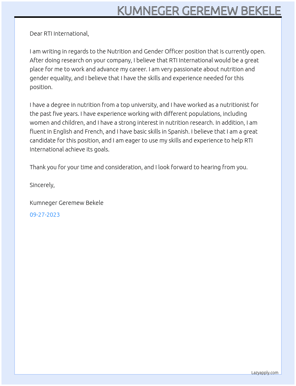 Nutrition and Gender Officer At RTI International Cover Letter