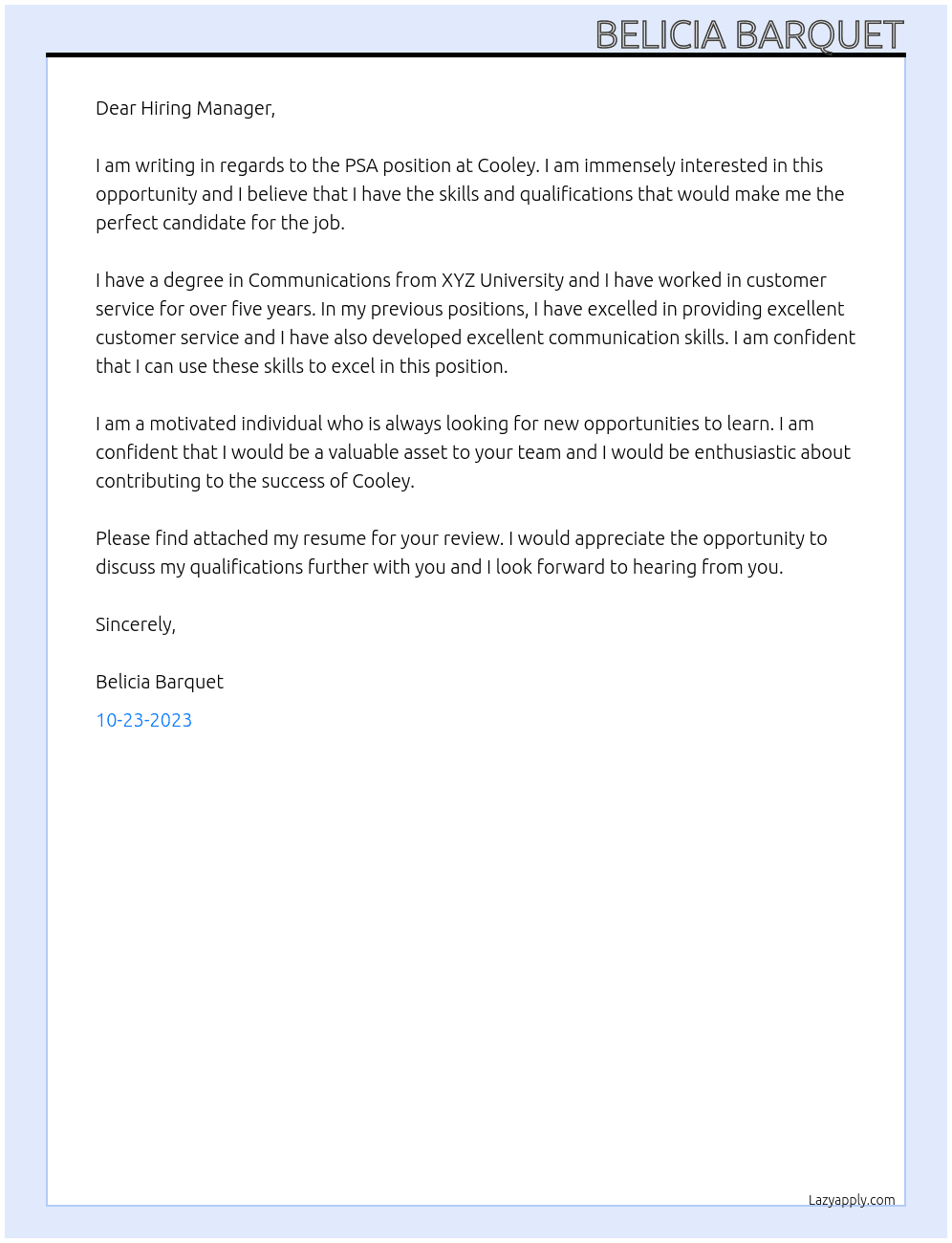 PSA  At Cooley Cover Letter