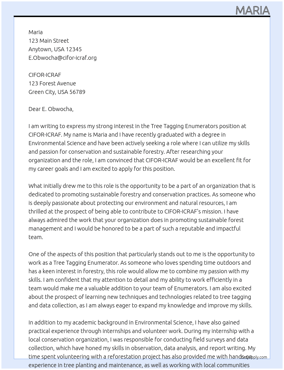 Tree Tagging Enumerators At CIFOR-ICRAF  Cover Letter