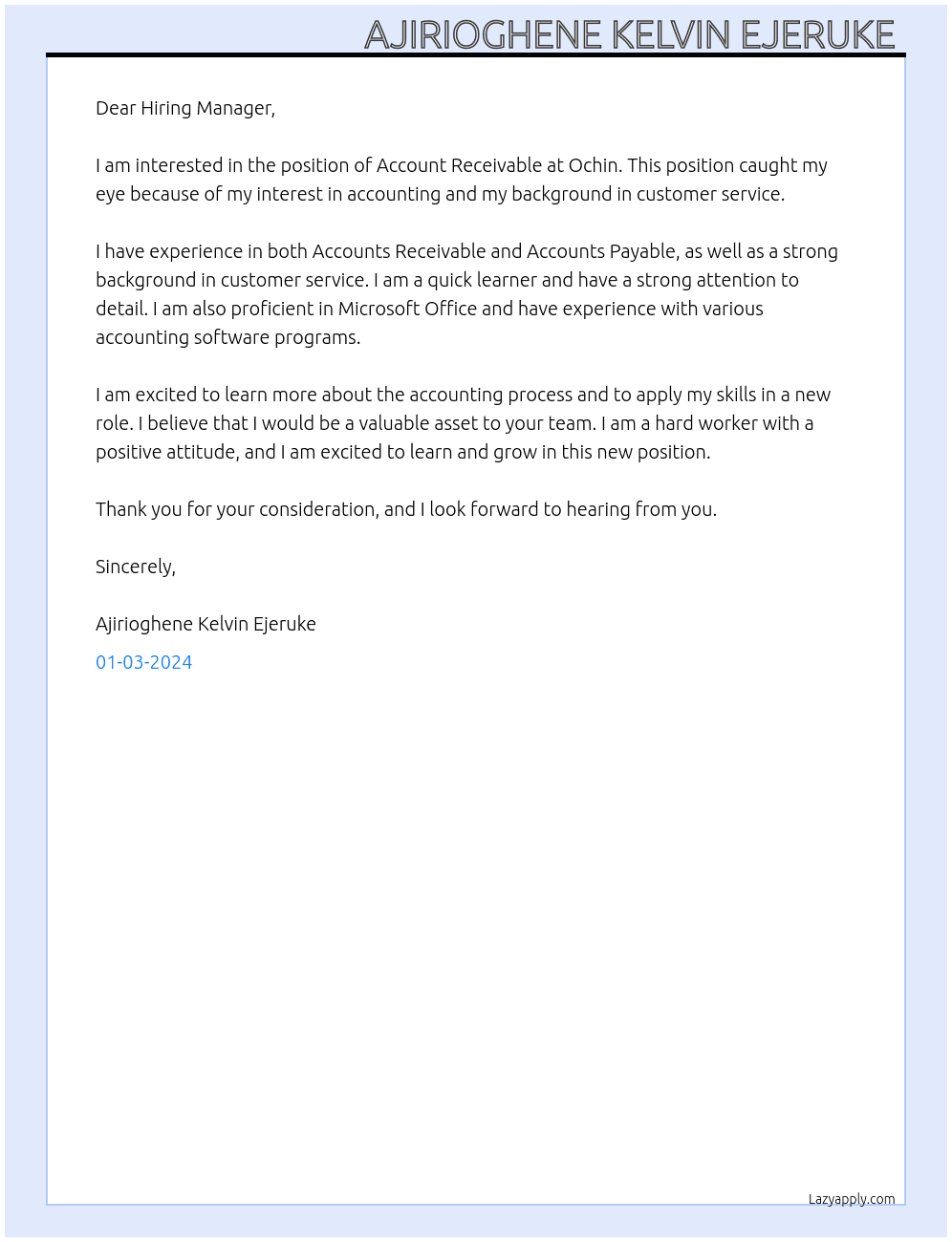 ACCOUNT RECEIVABLE  At OCHIN Cover Letter