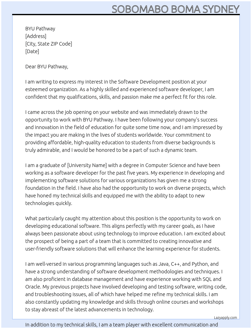 Software development  At BYU Pathway  Cover Letter
