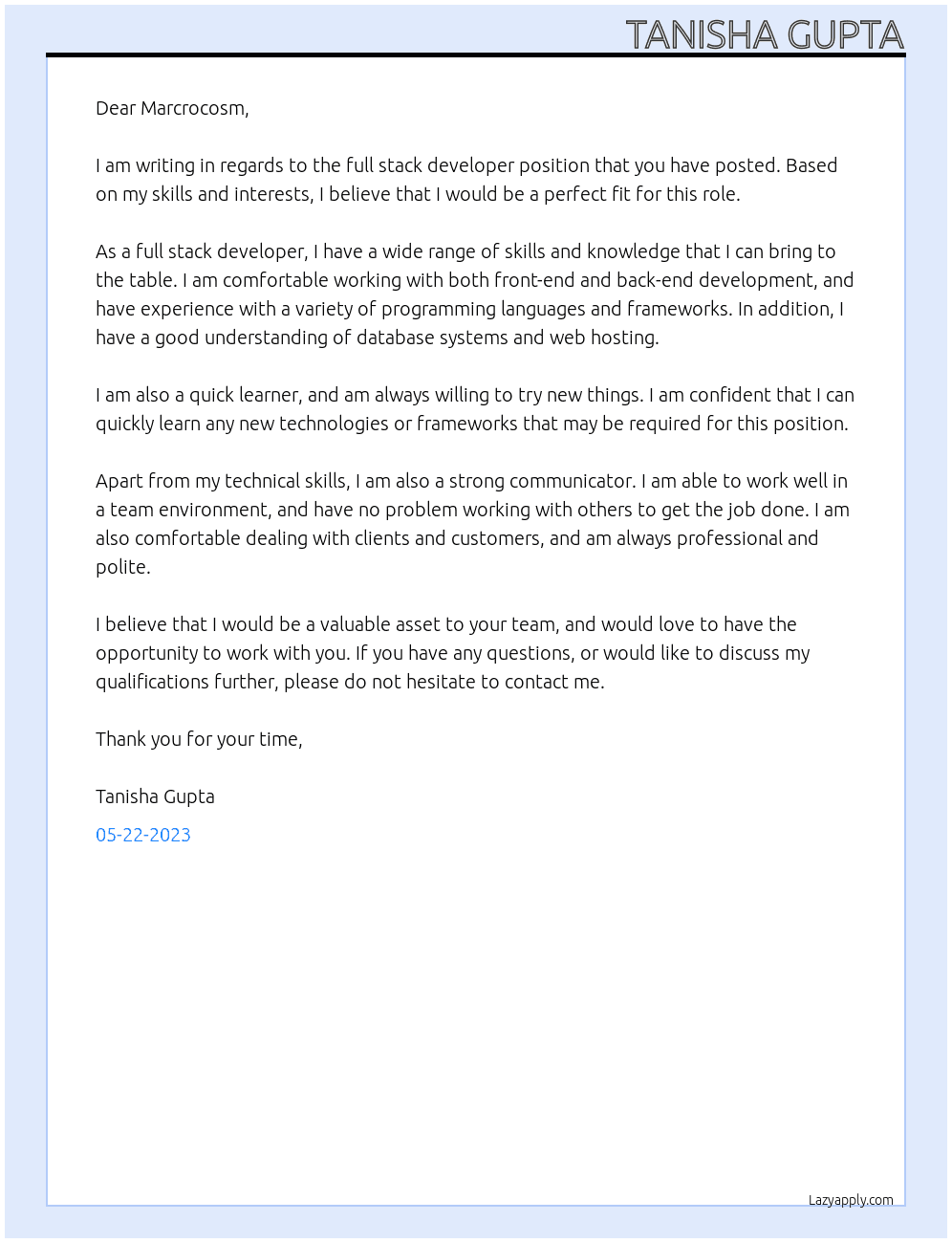 Full stack developer At Marcrocosm Cover Letter