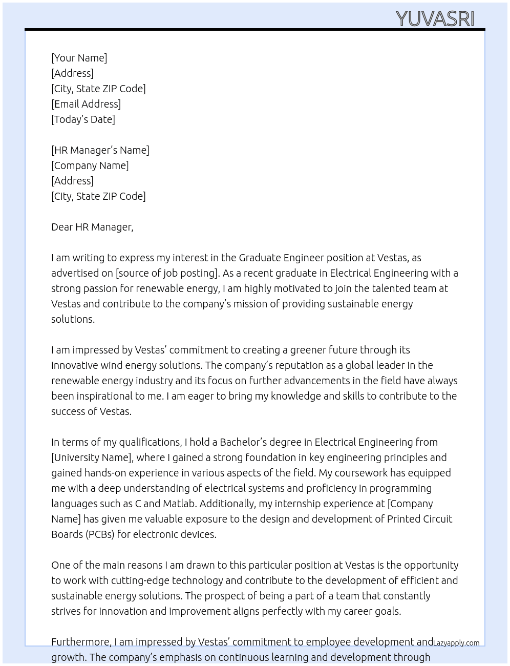 Graduate Engineer At Vestas Cover Letter