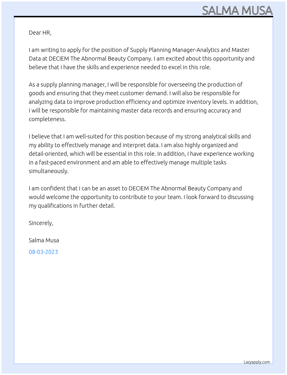 Supply Planning Manager-Analytics and Master Data At DECIEM The Abnormal Beauty Company Cover Letter