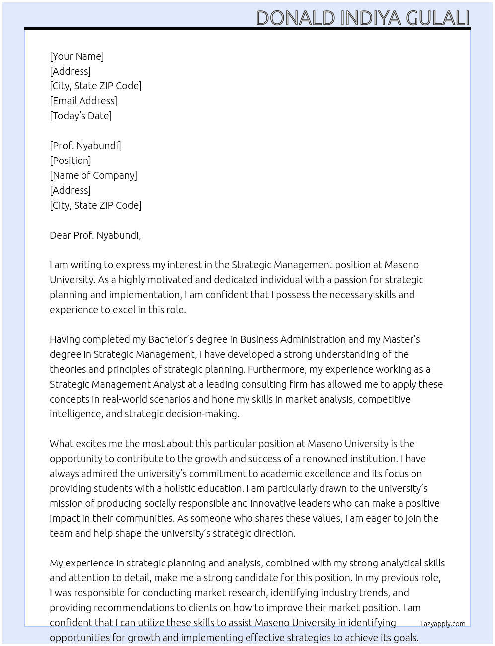 Strategic management At maseno university Cover Letter