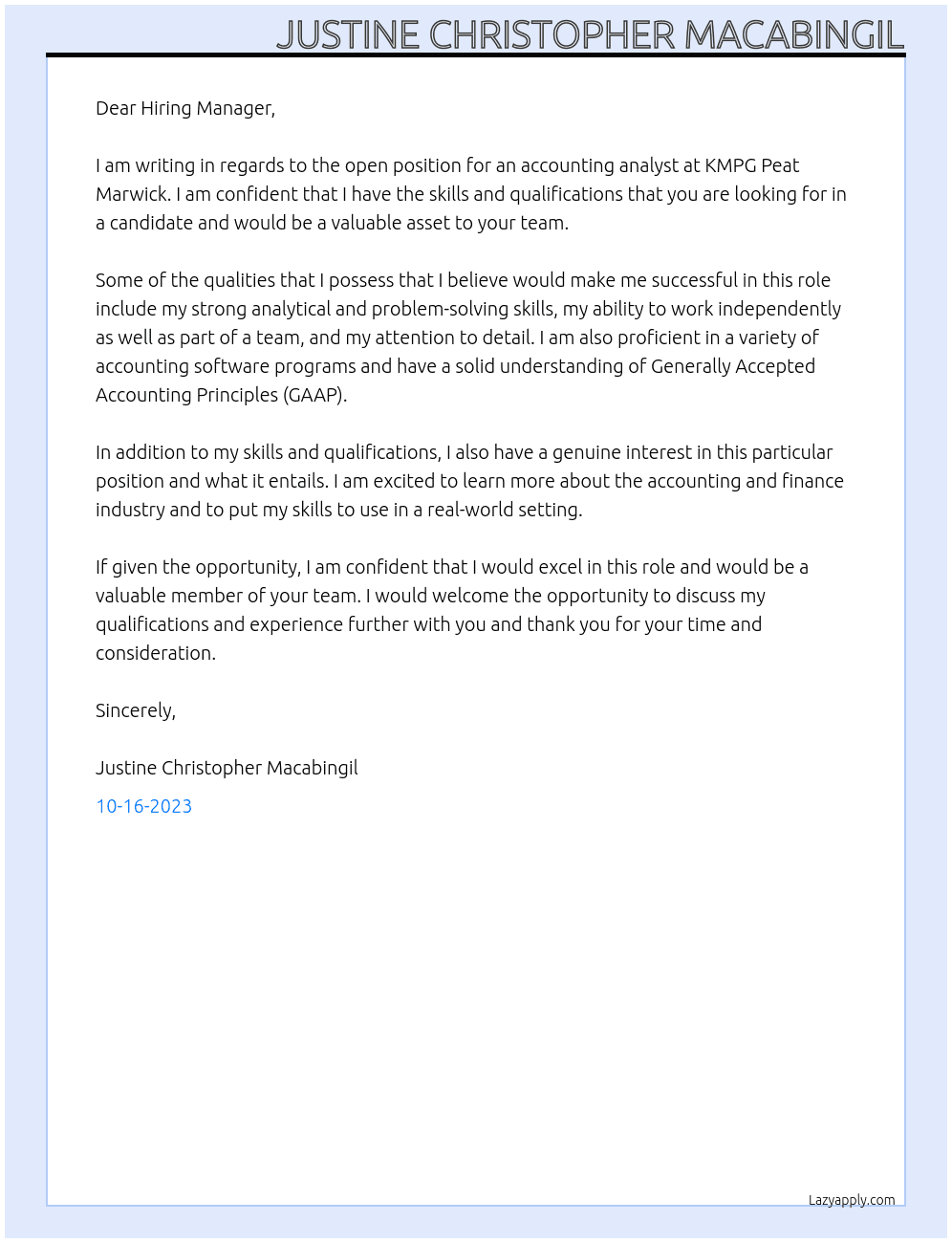 Accounting analyst At KMPG PEAT MARWICK Cover Letter