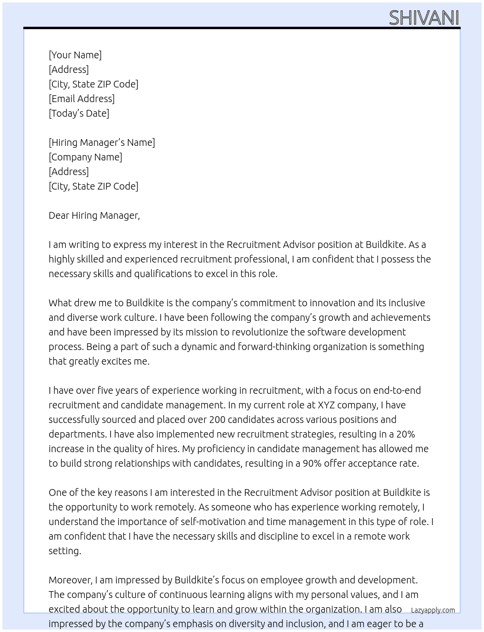 Recruitment Advisor At Buildkite Cover Letter