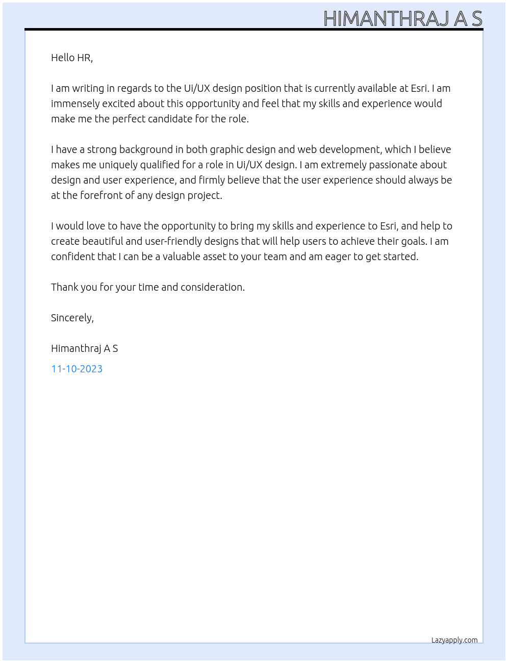 Ui/UX design  At Esri Cover Letter