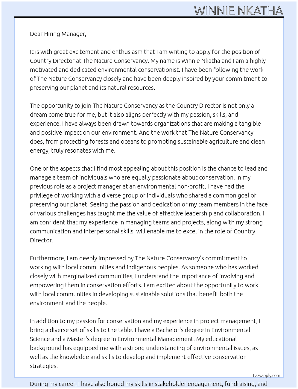 Country director  At The Nature Conservancy  Cover Letter