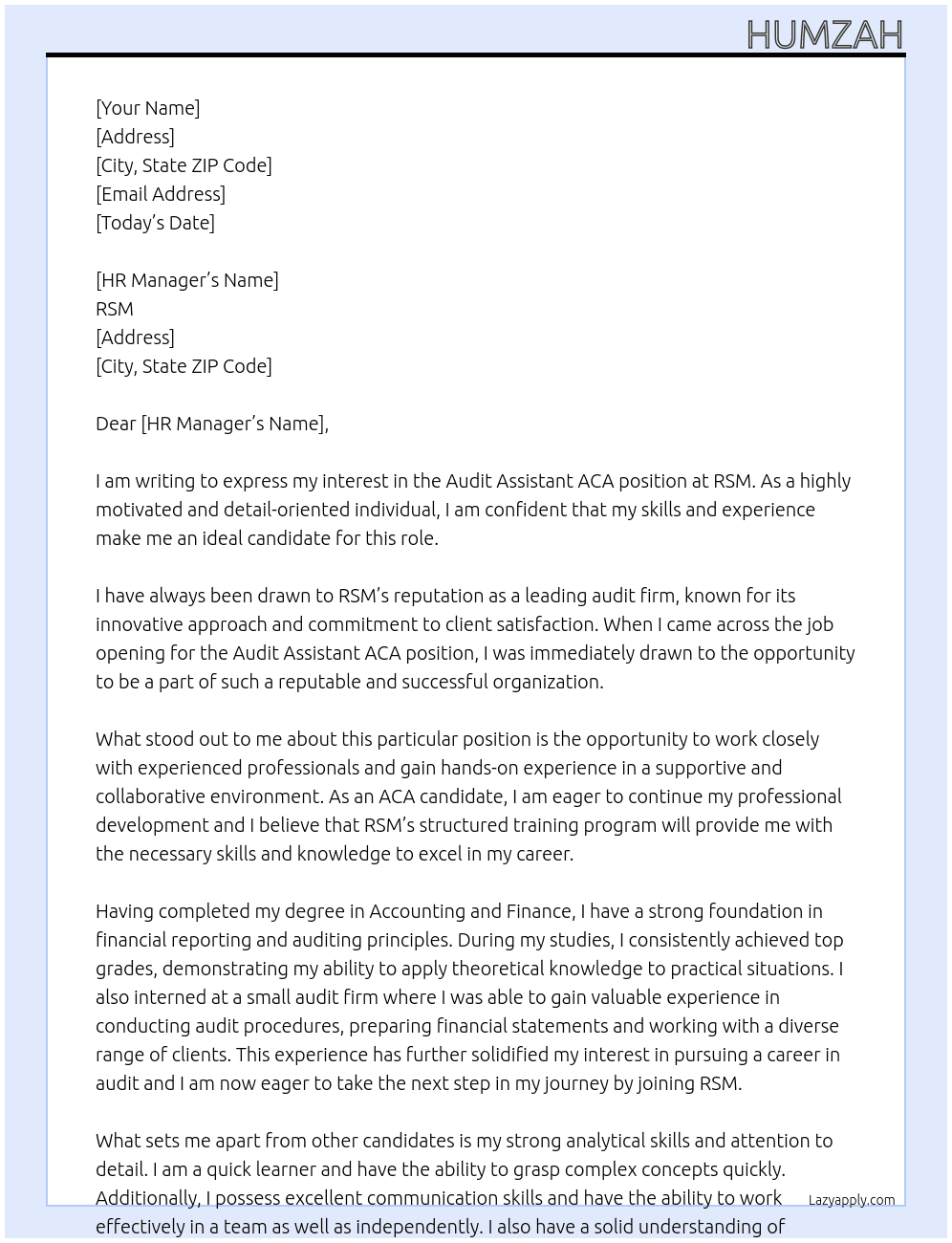 audit assitant aca  At RSM Cover Letter