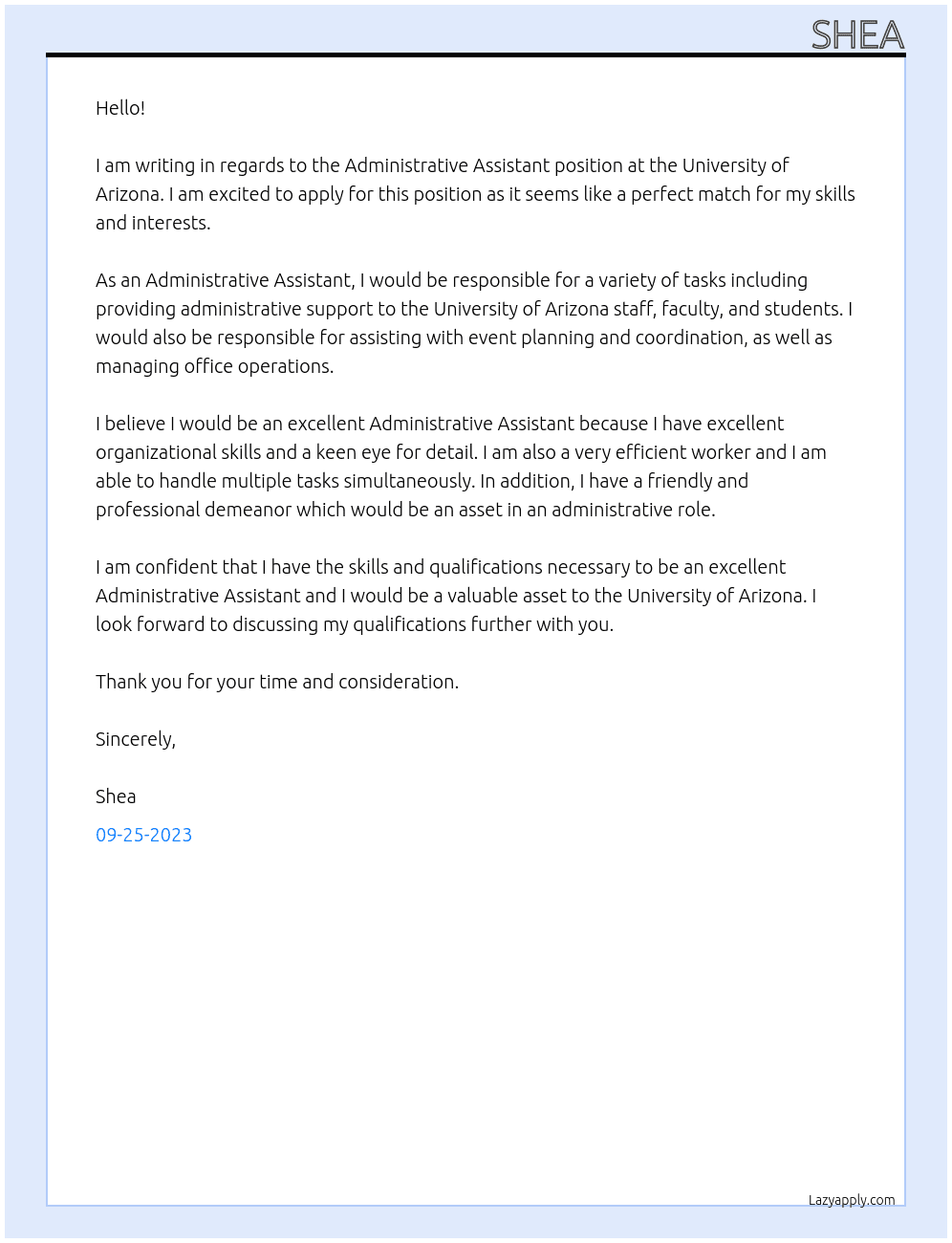 Admin Assistance At University of Arizona Cover Letter